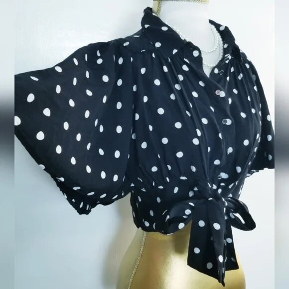 Maeve Anthropologie Polka Dot Flutter Sleeve Tie Front Waist Retro Crop Top - Picture 4 of 4